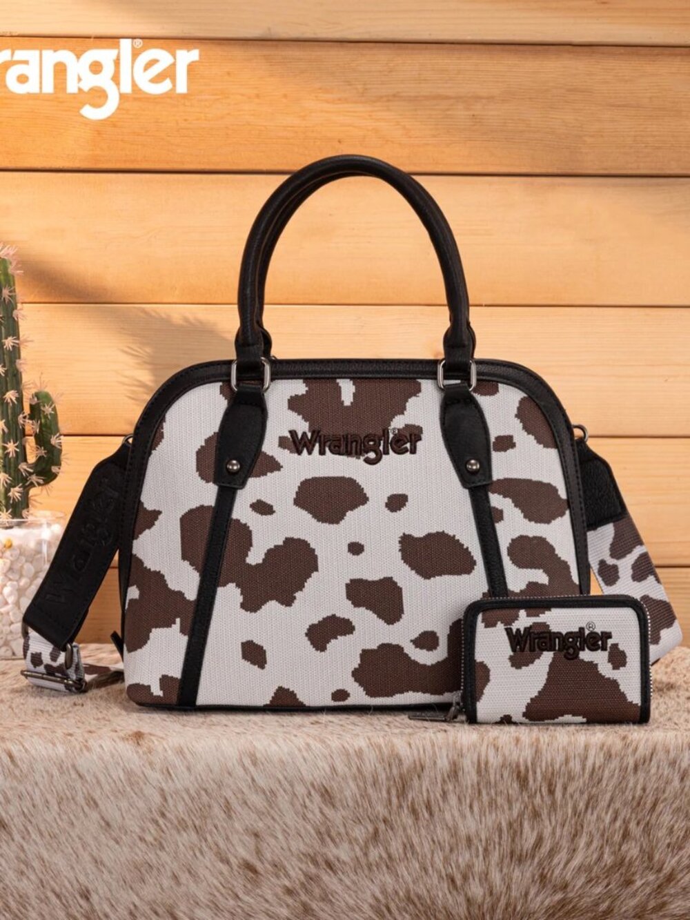 Wrangler Cow Print Satchel/Crossbody Wallet Set Black